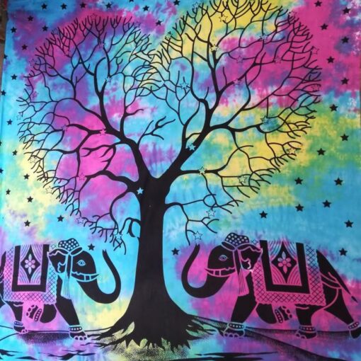Elephant with Heart Tree Tie dye Wall Hanging Handmade Cotton Tapestry 84"x54" inch