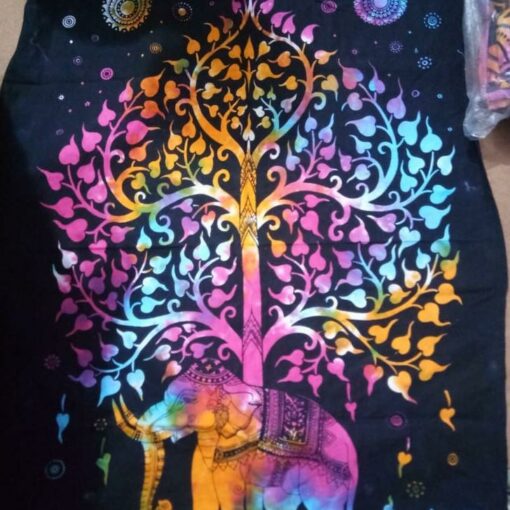 Tree of life With Elephant Black Base Tiedye Poster Wall Hanging Handmade Cotton Tapestry 40" x 30" inch