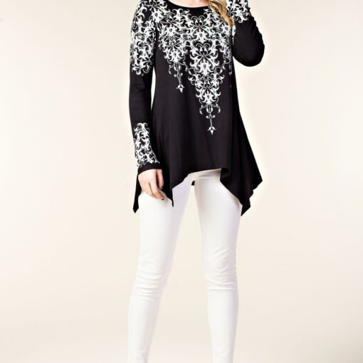 15503L-Top , Long Sleeves Bling Top With Print and Stones By Vocal