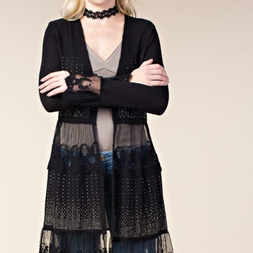 Long Sleeve Cardigan with Stone and Lace Details by Vocal