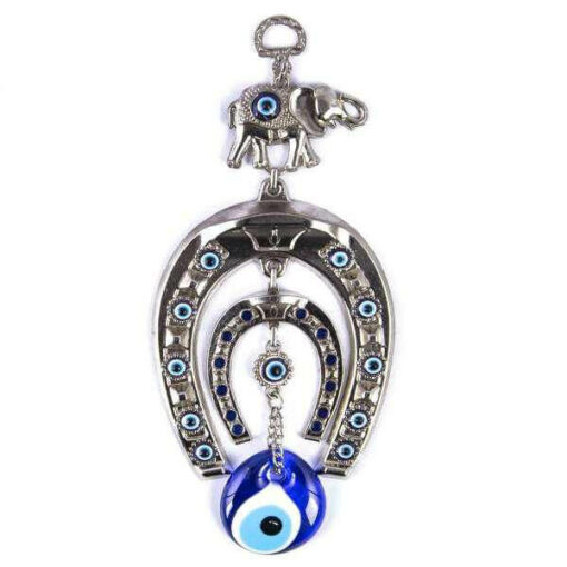 8.6" Inch Double Horseshoe Elephant and Evil Eye Hanging, Handmade