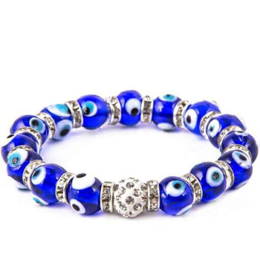 Evil Eye Rhinestone Bracelet for Protection, Blue, Handmade 10 mm