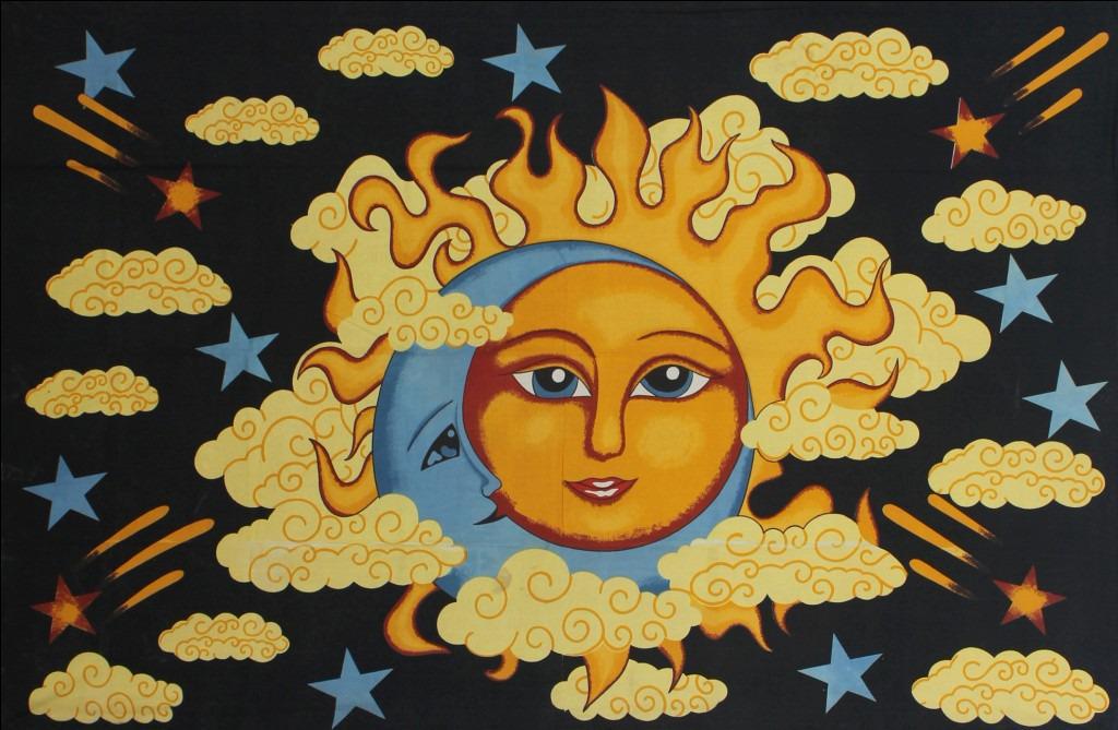 Sun Moon Cloud Horizontal Hang Wall Hanging Handmade Cotton Tapestry 84"x54" inch