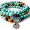 Turquoise 7 Chakra Healing stone 108 Mala 6 mm Beads Natural with Seven Chakara Stones, Bracelet, Mala Prayer Beads Tree and Om Charm VTrendz