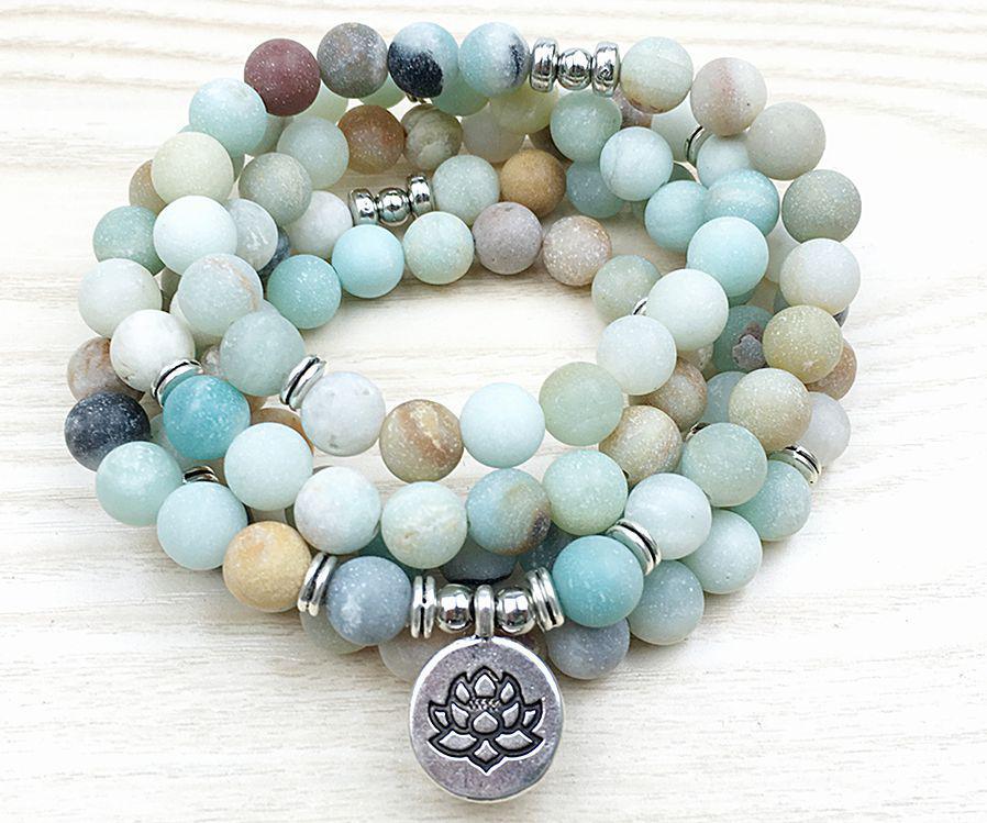 Amazonite 108 Mala 6 & 8mm Beads Natural Stone Bracelet Mala Prayer Beads OM Charm Meditation Necklace - Image 2