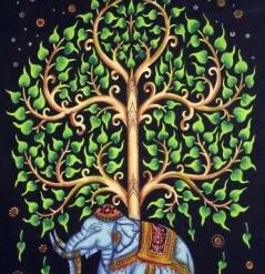 Tree of Life With Elephant Black Base Multi Poster Wall Hanging Handmade Cotton poster Tapestry 40"x30" inch