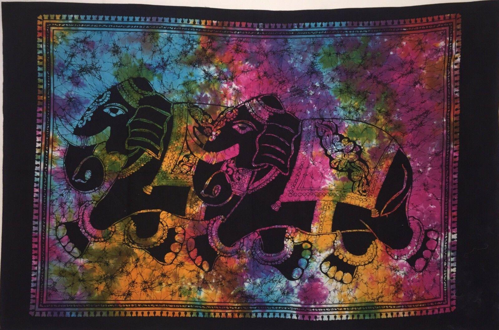 Two Elephant Tiedye Poster Wall Hanging Handmade Cotton Tapestry 40"x30" inch