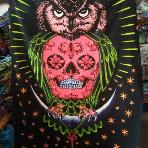 Sugar Skull with Owl and Key Wall Hanging Handmade Cotton Tapestry 84"x54" inch