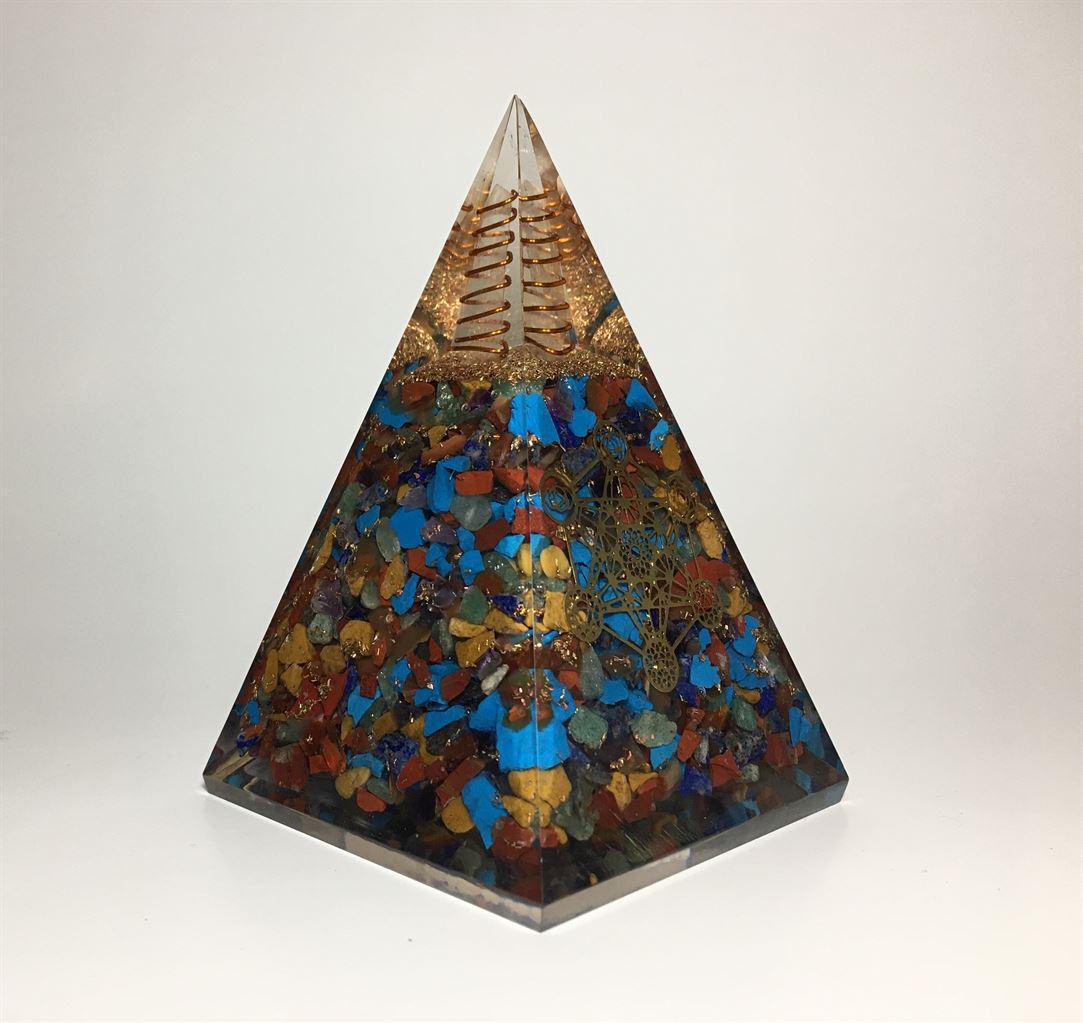Orgonite Pyramid Mixed 7-Chakra Stones with Symbol 2.75 (L)* 2.75 (W)*3.25 (H) inch - Image 2