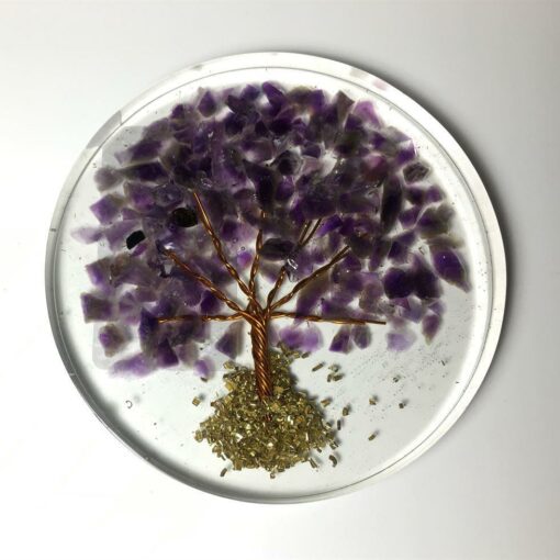 Orgone Coaster / Disc / Plate with Natural Stone Tree of Life Amethyst 3.5" inch diameter