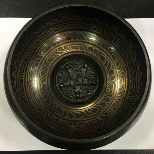 19 cm / 7.5" Hand Casted with Mantra Design Dark Antique Brass Color Singing Bowl with lip for Meditation, Relaxation & Healing with Wooden Mallet, Flat Bottom