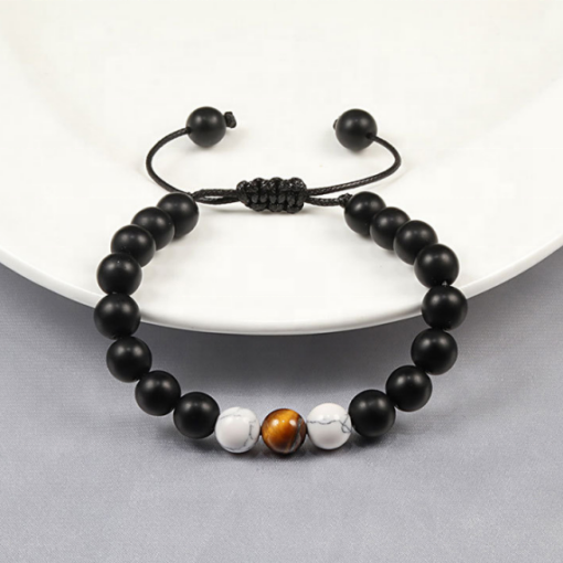 Black Agate Stone Beads with Tiger Eye and White Howlite Natural Stone Bracelet Unisex for Meditation and Relaxation