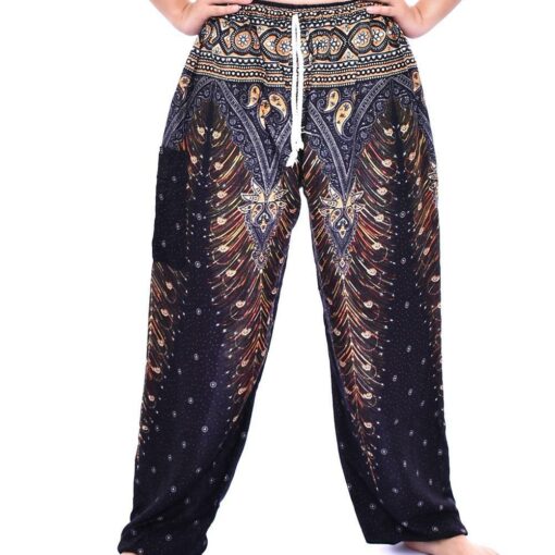 Black Yellow Peacock feather Print draw string Thai Harem Pants with single pocket 100% Rayon