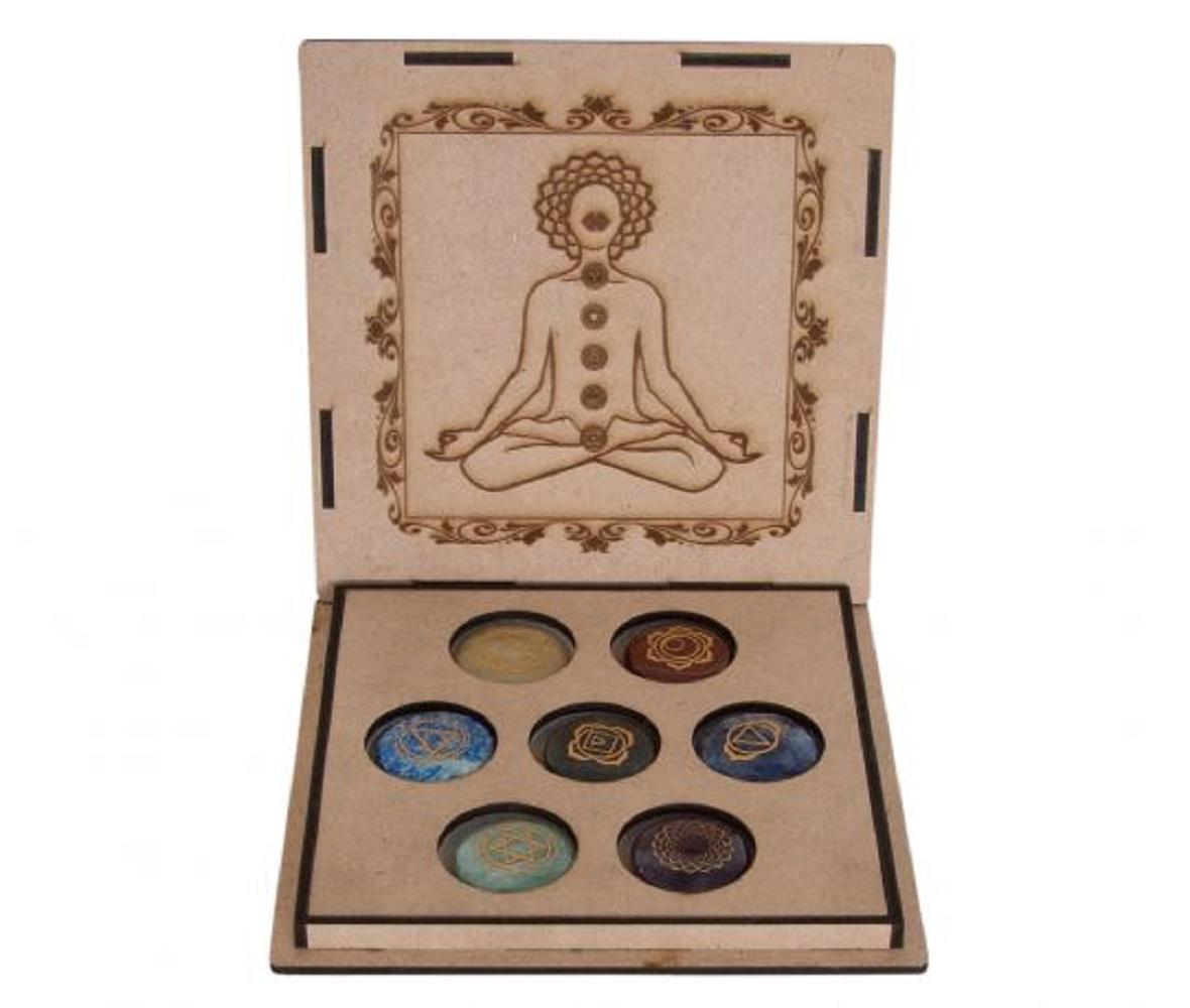 7 Chakra set engraved Round Gemstone in Wooden Box