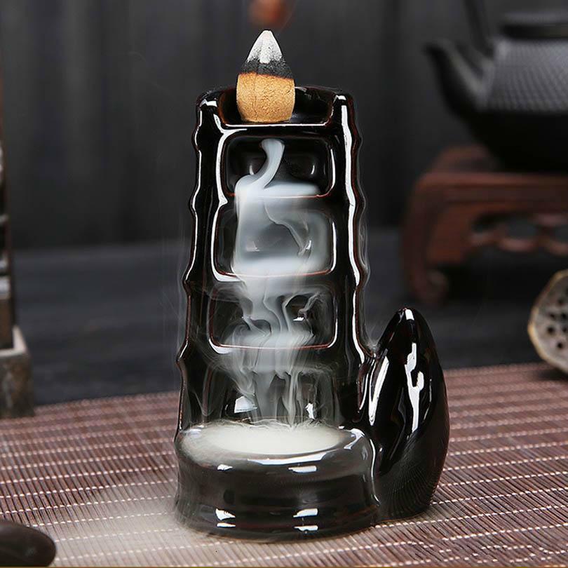 Cascading Split Bamboo Style Black Ceramic Backflow Incense Holder Waterfall Incense Burner, Reflux Burner, Handmade Ceramic, Home Décor for Meditation, Mini-Zen Experience Size: H19cm X W10cm