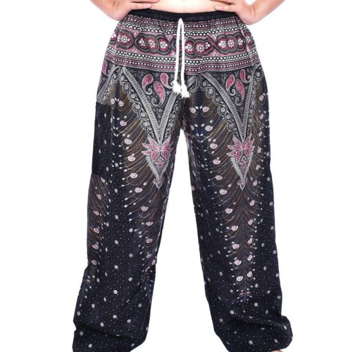 Black Green Gold Peacock feather Print draw string Thai Harem Pants with single pocket 100% Rayon