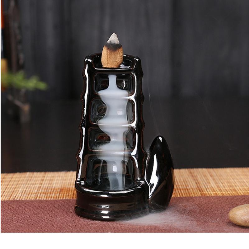 Cascading Split Bamboo Style Black Ceramic Backflow Incense Holder Waterfall Incense Burner, Reflux Burner, Handmade Ceramic, Home Décor for Meditation, Mini-Zen Experience Size: H19cm X W10cm - Image 2
