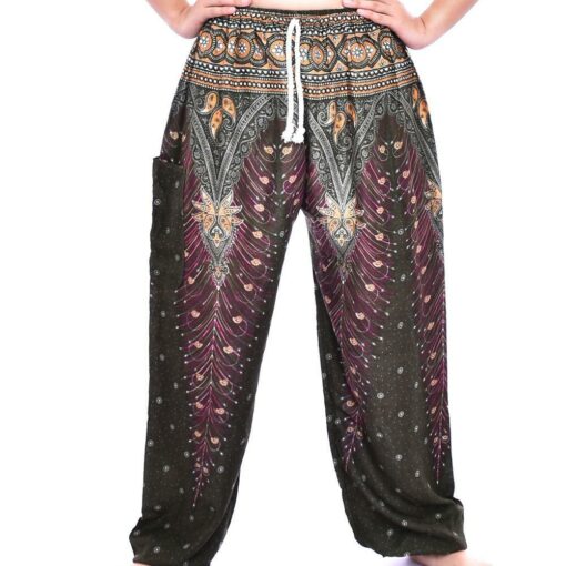 Olive Green Peacock feather Print draw string Thai Harem Pants with single pocket 100% Rayon