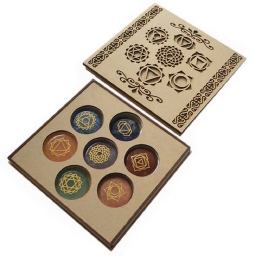 7-Chakra Disc set engraved Oval/Round Gemstone in Chakra Engraved Box