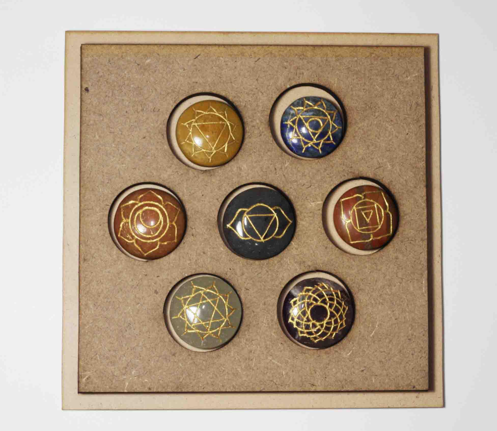 7 Chakra set engraved Round Gemstone in Wooden Box - Image 3
