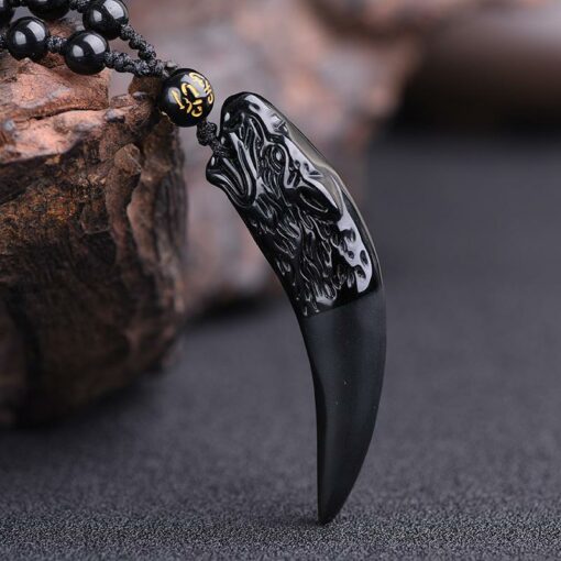 Wolf & Claw Black Obsidian Hand carved Necklace Pendants with Black Beads