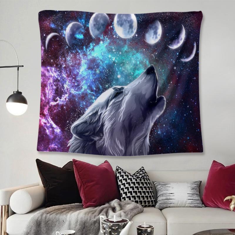 Wolf & Phases of Moon Tapestry, Wall Hanging, Table Cover, Home Decor