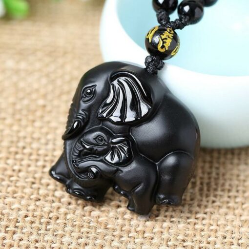 Elephant Mom & Baby Black Obsidian Hand carved Necklace Pendants with Black Beads