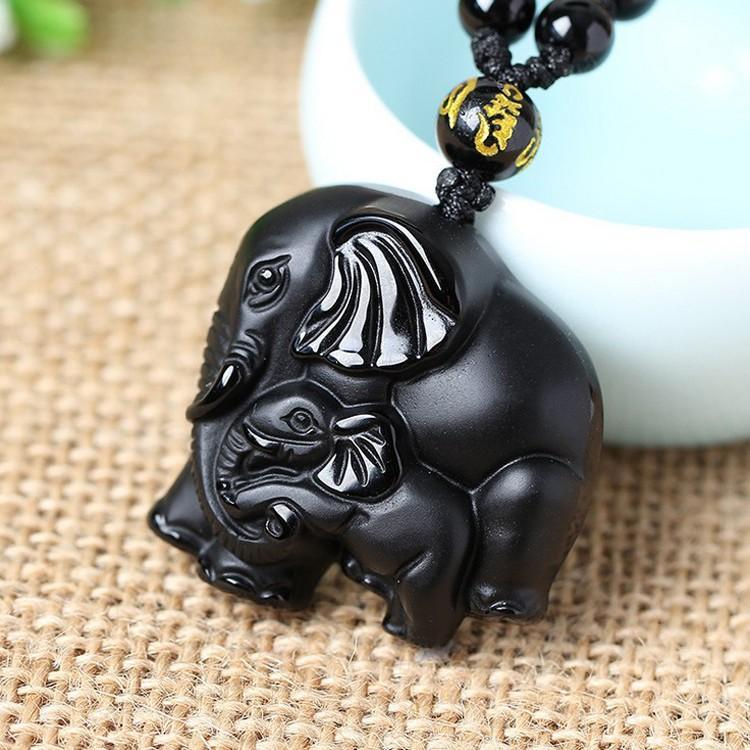 Elephant Mom & Baby Black Obsidian Hand carved Necklace Pendants with Black Beads