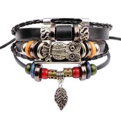 Owl w/Fish Skeleton Leather Bracelet Sets Unisex / Men Jewelry Vintage Classic Retro Bracelets