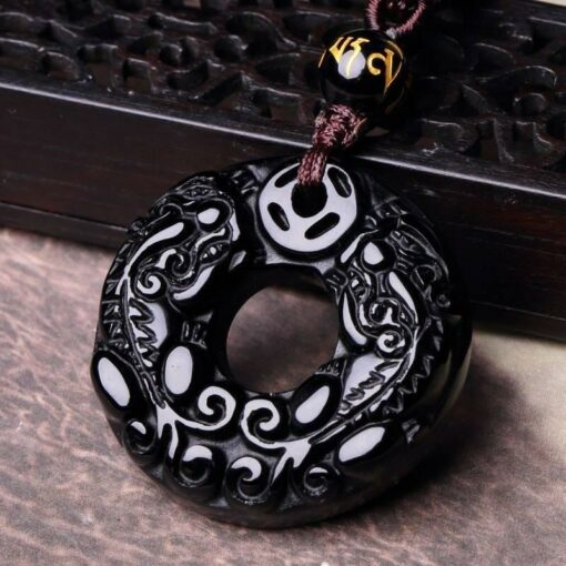 Ring w/Dragon Black Obsidian Handcarved Necklace Pendants with Black Beads