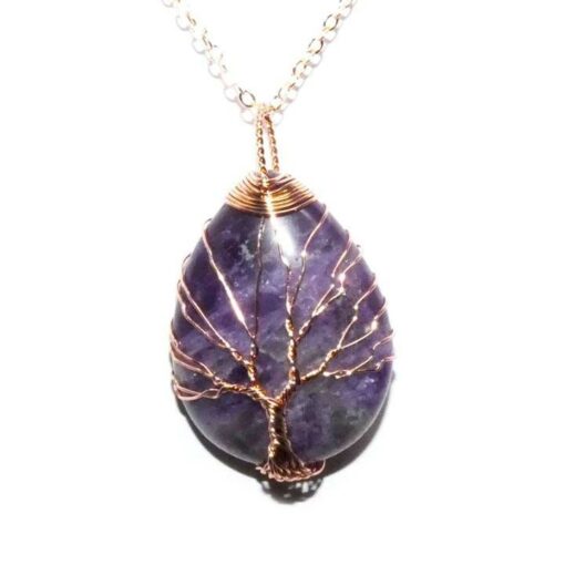 Amethyst Teardrop Crystal Tree of Life Wire Wrapped Pendant Necklace