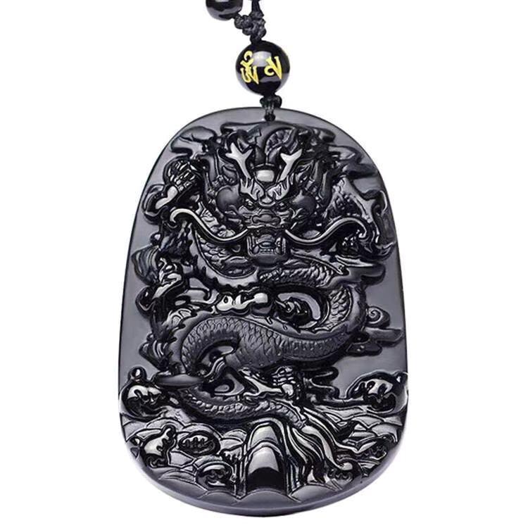 Carved Dragon Black Obsidian Hand carved Necklace Pendants with Black Beads
