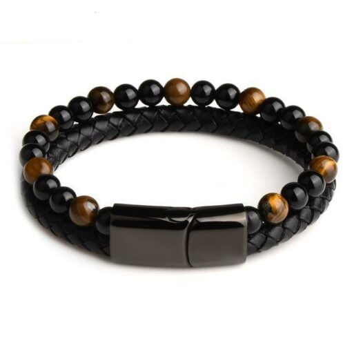 Black Agate Tiger Eye Leather Bracelets Unisex / Men Jewelry Vintage Classic Retro Bracelets