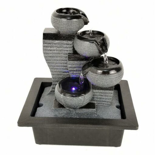 4-Tier Cascading Square Base Water-Cup with LED Light Antique Resin Tabletop Waterfall Fountain