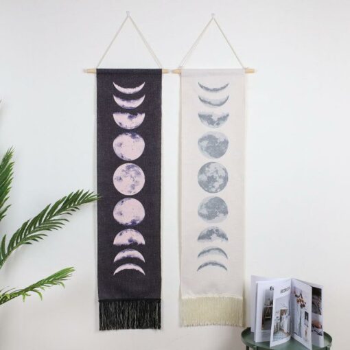 Moon Phase Scroll Tapestries Wall Hanging, Full Growth Cycle of The Moon Banner Wall Tapestry Cotton Linen Wall Art 46 x 12 Inches