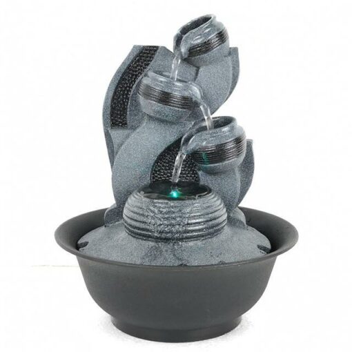 4-Tier Titled Water-Cup Black Grey Accent with LED Light Antique Resin Tabletop Waterfall Fountain