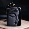 Buddha Face Black Obsidian Handcarved Necklace Pendants with Black Beads VTrendz