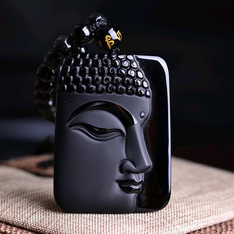 Buddha Face Black Obsidian Handcarved Necklace Pendants with Black Beads