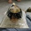 Selenite and Black Tourmaline with Flower of Life & Kundalini Symbol Orgonite Pyramid 3*3*3 inch VTrendz