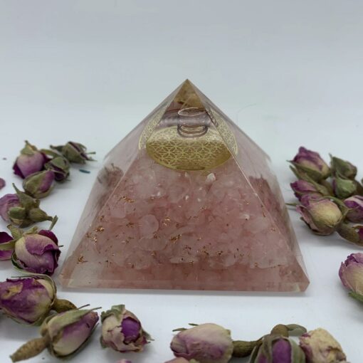 Rose Quartz with Flower of Life & Kundalini Symbol Orgonite Pyramid 3*3*3 inch