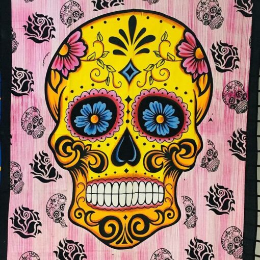 Sugar Skull with Rose Wall Hanging Handmade Cotton Tapestry 84"x54" inch