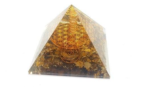 Tiger Eye Orgonite Pyramid with Flower of Life & Kundalini Symbol 3*3*3 inch