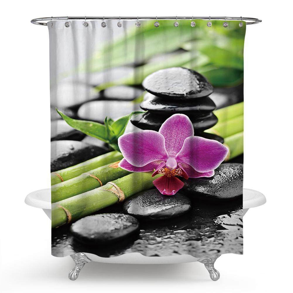 Bamboo Orchid Flowing Water Basalt Stones Zen Spa Shower Curtain, Meditation, Therapy, Relaxing, Shower Curtain with Hooks