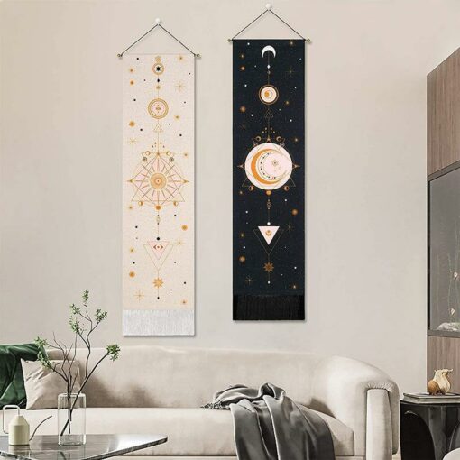 Moon w/Galaxies Tapestries Wall Hanging, Moon Banner Wall Tapestry Cotton Linen Wall Art 46 x 12 Inches
