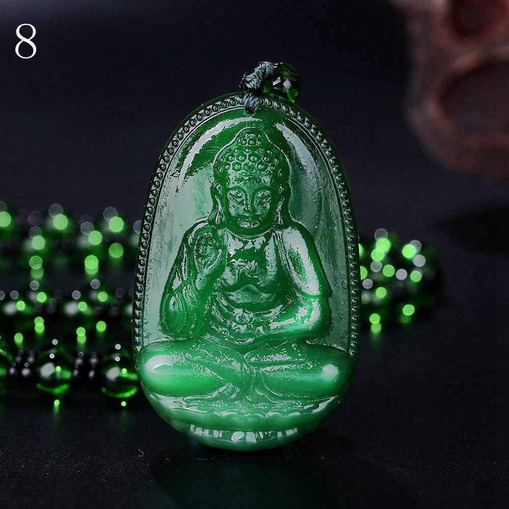 Meditating Buddha Green Nephrite Jade Hand Carved Necklace Pendants with Black Beads