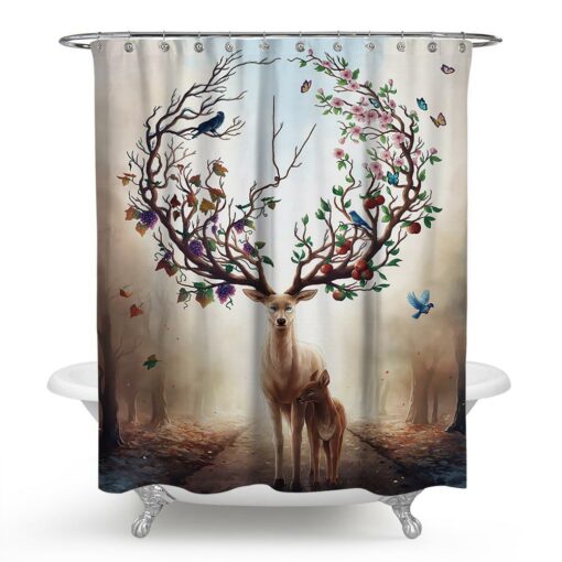 Elk Depicting Tree of Life, Flowers, Life, Prosperity, Elk Shower Curtain