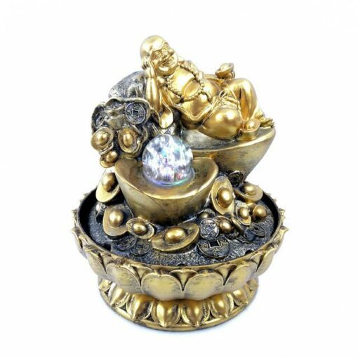 Golden Lucky Buddha Fountain with Crystal Ball & LED Antique Resin Tabletop Waterfall Fountain 21 cm*21 cm*28 cm