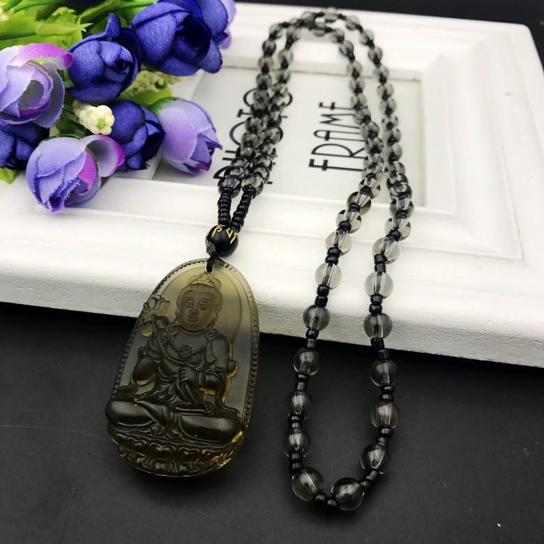 Meditating Buddha Smoking Quartz Handcarved Necklace Pendants with Black Beads