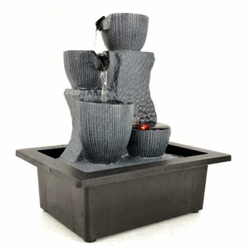 4-Cups with Rectangular Base & LED Antique Resin Tabletop Waterfall Fountain