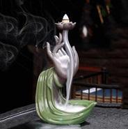 Hand Holding Lotus Flower with Hand and Lotus and a Monk Backflow Incense Burner, Reflux Burner, Large Handmade Ceramic Backflow Cone Sticks Incense Holder Home Decor Craftwork Figurine 13*8*21 cm